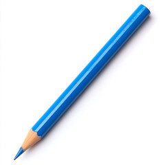 Single bright blue colored pencil with sharpened tip on white background blue pencil