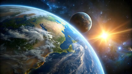 Photo of a breathtaking view of planet earth from space, bathed in the warm glow of a radiant sun with a distant moon