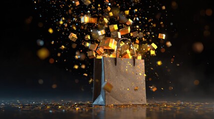 Paper shopping bag filled with golden confetti