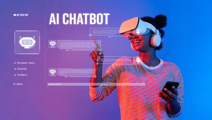 A young woman enthusiastically engages with an AI chatbot using a virtual reality headset. The vibrant background enhances the immersive technology experience, showcasing innovation. XDMCP
