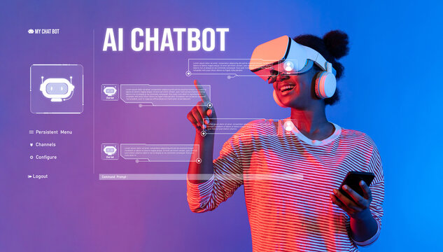 A young woman enthusiastically engages with an AI chatbot using a virtual reality headset. The vibrant background enhances the immersive technology experience, showcasing innovation. XDMCP