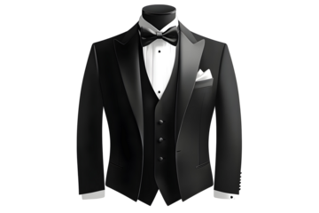 Elegant black tuxedo with bow tie and pocket square on mannequin