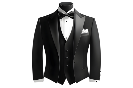 Elegant black tuxedo with bow tie and pocket square on mannequin