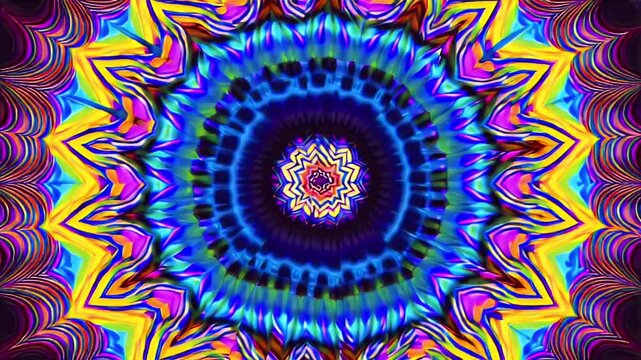 Kaleidoscope effect video: vibrant colors, geometric patterns morphing and overlapping slowly in a loop. 
