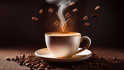 national cappuccino day with hot caffeine idea steaming mug of coffee with glowing particles on a dark background