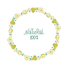 Pear, hand drawn cartoon fruit. Round frame, banner. Natural food, label. Set of slices and whole fruits with leaves. Vitamin vegetarian food, garden crop, harvest. Drawing, white isolated background.