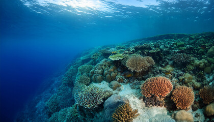 Obraz premium a beautiful coral reef dropoff where the shallow reef suddenly plunges into the deep blue abyss