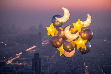 Festive balloons featuring moons and stars float above a cityscape at dusk, creating a magical and celebratory atmosphere.