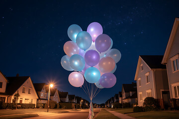 Balloons float over a residential street during the evening, creating a dreamy and whimsical scene with a background of stars and houses.