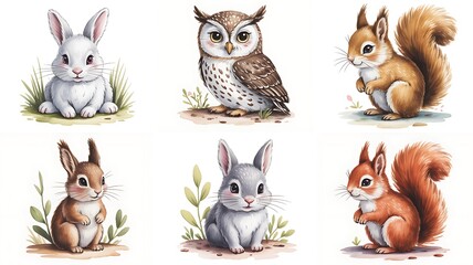 Fototapeta premium Cute Forest Animals Collection Featuring Bunnies Owls and Squirrels in Watercolor Style