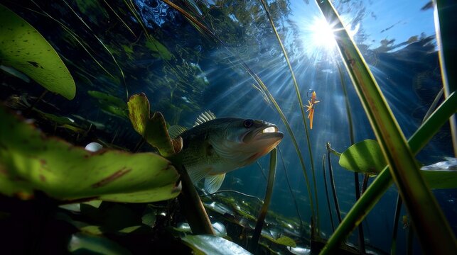 Largemouth bass swimming towards fishing lure in freshwater lake