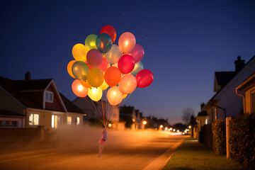 Colorful balloons float above a suburban street at twilight, creating a whimsical and festive atmosphere in the neighborhood.