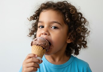 Young child with curly hair enjoying a chocolate ice cream cone against a plain light colored wall