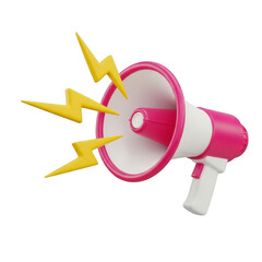 Naklejka premium 3d pink and white megaphone with yellow lightning bolts isolated on transparent background