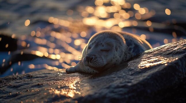 A seal pup resting on a smooth rock by the shore, waves gently lapping nearby, glowing golden light on fur, camera slowly drifting closer