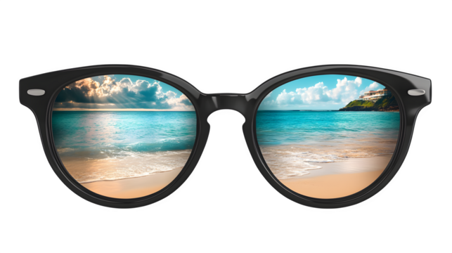 Sunglasses Reflecting Beach Scene, isolated on transparent background - Powered by Adobe
