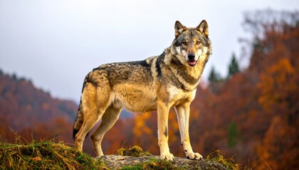 Naklejka premium A wolf stands proudly on a rock overlooking autumnal forest
