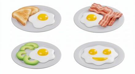 Breakfast dishes selection displaying fried eggs toast bacon and cucumber