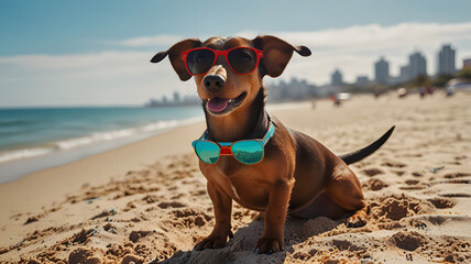 Happy Dachshund in Sunglasses Relaxing on a Sunny Beach