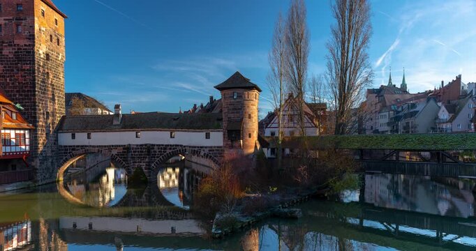Nuremberg, Germany - December 26, 2024: Medieval Henkersteg bridge in Nuremberg&rsquo;s preserved old town. Timelapse.
