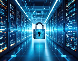 A futuristic server room with a large padlock