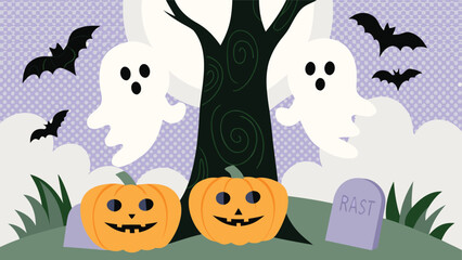 Halloween scene with pumpkins ghosts bats and tree in a spooky graveyard setting illustration