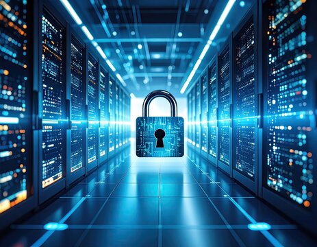 A futuristic server room with a large padlock - Powered by Adobe