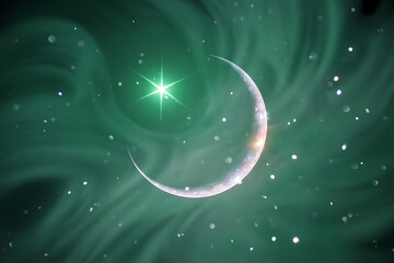 Crescent moon and glowing star shimmer amidst a swirl of ethereal green light in this magical cosmic sky design.