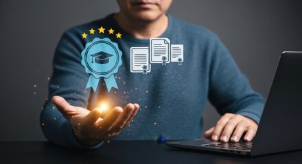 A man is holding a digital certificate and degree, representing online education and professional development