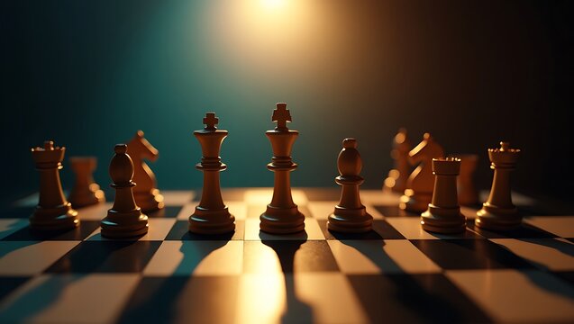 A chess game with gold pieces on a checkered board under bright light with a dark background scene set