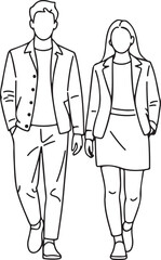 A simple line drawing depicts a man and a woman holding hands and walking.