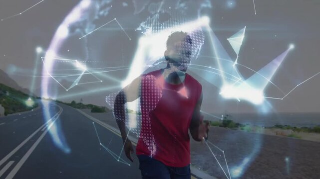 Runner sprinting wearing tracker igniting swirling network rotating 3D globe showing tech links - Powered by Adobe
