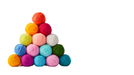 Pyramid of colorful yarn balls in various shades on white background