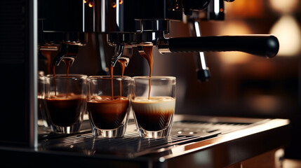 Espresso machine pouring coffee into clear glasses with a blurred background in a close up shot