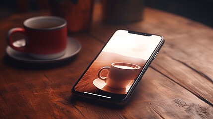 Close up of smartphone displaying coffee cup image with red mug on a wooden table surface indoors
