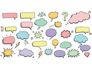 Hand Drawn Colorful Speech Bubble Set – Doodle Comic Chat Balloons, Thought Clouds, and Pop Art Vector Collection