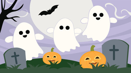 Illustration of halloween scene with ghosts pumpkins tombstones and a bat under a full moon sky