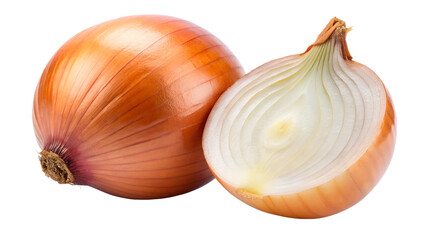 A whole onion and a halved onion are isolated on transparent background, revealing the inner layers and outer skin