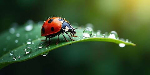 Fototapeta premium Macro of red and black ladybug on moist foliage