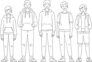 Line art drawing of diverse group of young men and boys in casual wear