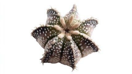 Obraz premium Star cactus plant with brown and green ribs white dots and fuzzy spines isolated on white