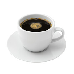 Obraz premium A transparent ceramic coffee cup with rich, dark black coffee and light brown crema, on a matching saucer, isolated on a transparent background with even, diffuse studio lighting from a slightly