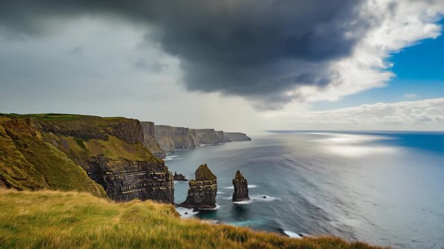 Fixed camera angle of clouds rolling across coastal cliffs