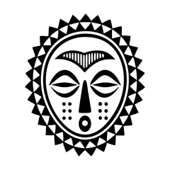 Black and white traditional African tribal mask with bold facial features and decorative sun like border design isolated on transparent background. Vector art