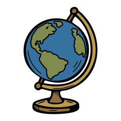 Colorful hand drawn globe with blue oceans and green continents, mounted on brown stand, symbolizing geography and global learning. Vector art.
