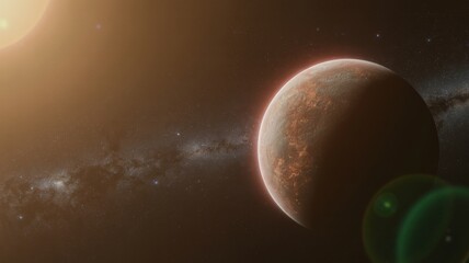 A rocky planet illuminated by a distant star, set against a backdrop of a starry galaxy and cosmic dust in outer space.