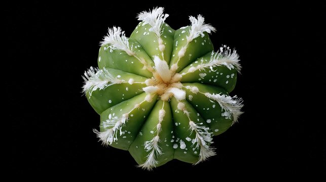 Top view of  green cactus with white star shaped flowers and sparse white dots