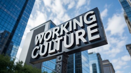 A sign displaying "WORKING CULTURE" stands against a backdrop of modern skyscrapers and a partly cloudy sky.