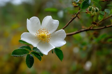 Obraz premium Delicate White Dog Rose Bloom with Raindrops in Soft Focus Forest Setting