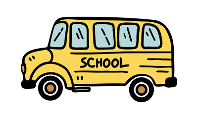 Hand drawn cartoon illustration of classic yellow school bus with bold lines and playful style isolated on background. Vector art
